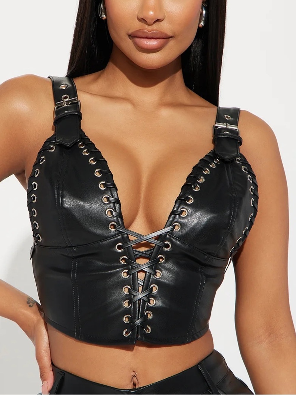 Signature 8 Black Faux Leather Lace-Up Crop Bralette Medium NWT